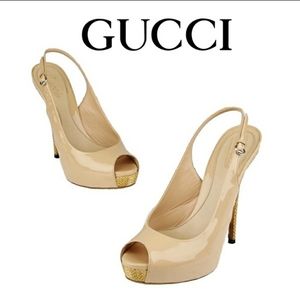 Gucci Patent Leather Nude Straw Woven Heels